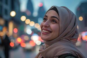ai généré portrait de une magnifique Jeune musulman femme portant foulard et souriant. photo
