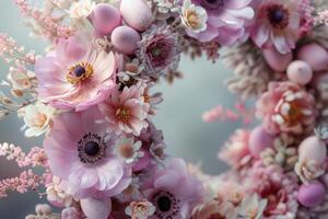 ai généré fermer de Pâques couronne orné avec délicat rose fleurs, incorporant le essence de printemps photo