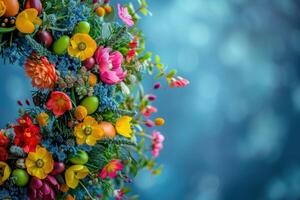 ai généré vibrant Pâques couronne avec fleurs et tacheté des œufs sur bleu Contexte photo