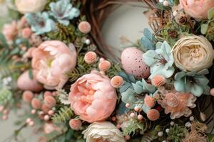 ai généré fermer de une coloré Pâques couronne avec brillant fleurs et tacheté des œufs photo