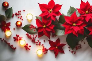 ai généré rouge poinsettia fleurs et allumé bougies. Noël décoratif composition sur une blanc Contexte. photo