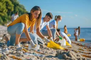 ai généré bénévoles nettoyage en haut plage la pollution avec ai généré. photo