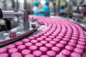 ai généré pharmaceutique production ligne avec rose pilules avec ai généré. photo