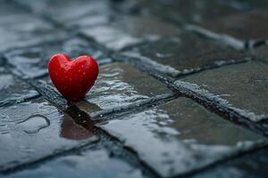 ai généré une rouge cœur est assis sur une pierre chemin dans le pluie photo