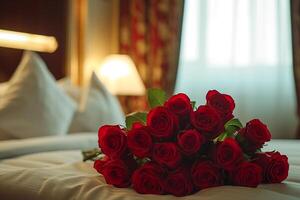 ai généré bouquet de rouge des roses sur une chambre photo