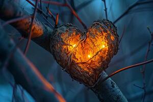 ai généré une cœur avec embrasé lumières dans le escroc de arbre branches photo