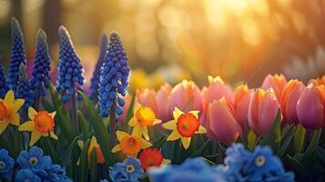 ai généré printemps fleurs dans ensoleillé journée dans nature, jacinthes, crocus, jonquilles, tulipes, coloré Naturel printemps arrière-plan, photo