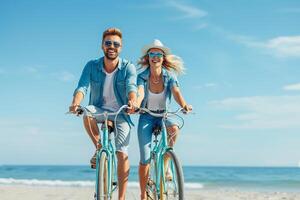 ai généré joyeux couple Cyclisme le long de ensoleillé bordé de palmiers rue avec ai généré. photo