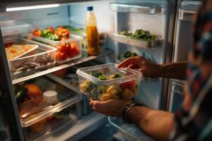 ai généré organiser Frais des légumes dans réfrigérateur conteneurs. photo