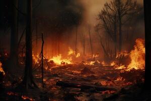 ai généré brûlant forêt. Feu dans le forêt. photo