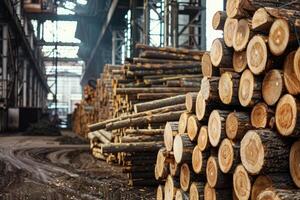 ai généré grand pile de journaux dans une bois En traitement plante photo