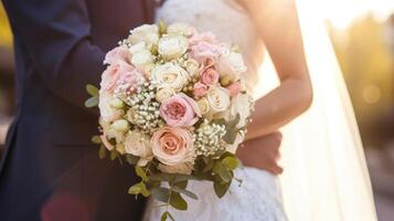 ai généré une proche en haut de une la mariée et jeune marié en portant une bouquet photo