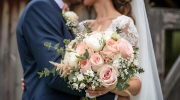 ai généré mariage bouquet dans de face de Grange photo