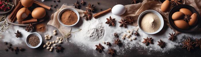 ai généré rustique culinaire symphonie sur bois, une tableau de cuisson Ingrédients et épices prêt pour le alchimie de cuisson. photo