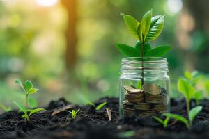 ai généré vert plante choux croissance sur empilés pièces de monnaie, symbolisant investissement et financier croissance, économie argent photo
