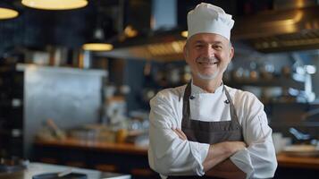 ai généré souriant chef avec bras franchi dans professionnel cuisine photo