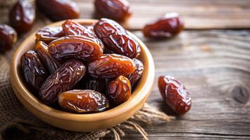 ai généré sucré Rendez-vous en dehors de en bois assiette sur rustique en bois tableau, eid mubarak Contexte photo