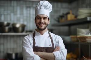 ai généré souriant chef avec bras franchi dans professionnel cuisine photo