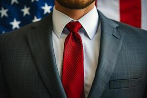 ai généré tondu image de politique homme dans costume contre Etats-Unis drapeau photo