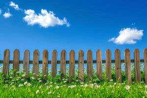 ai généré jardin clôture avec vert herbe et bleu ciel. photo