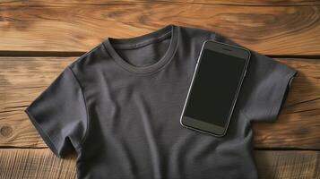 ai généré Haut vue de Vide gris T-shirt unisexe maquette avec vide écran téléphone intelligent pour conception modèle sur bois Contexte photo