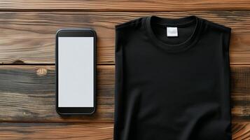 ai généré Haut vue de Vide noir T-shirt unisexe maquette avec vide écran téléphone intelligent pour conception modèle sur bois Contexte photo