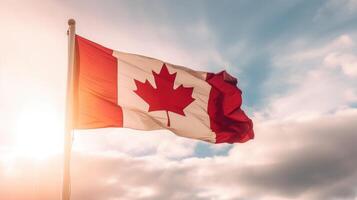 ai généré drapeau de le Canada agitant dans le vent dans de face de le Soleil. canadien drapeau contre le bleu ciel. photo