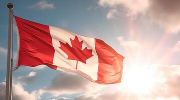 ai généré drapeau de le Canada agitant dans le vent dans de face de le Soleil. canadien drapeau contre le bleu ciel. photo