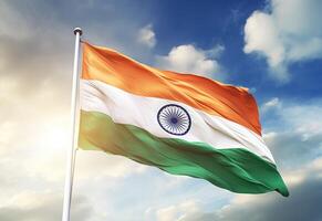 ai généré Indien drapeau soufflant dans le vent contre brillant bleu ciel. photo