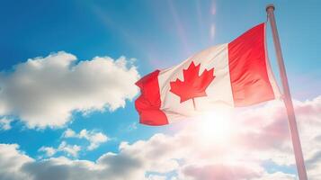 ai généré drapeau de le Canada agitant dans le vent dans de face de le Soleil. canadien drapeau contre le bleu ciel. photo