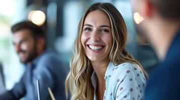 ai généré une souriant femme est séance à une table avec autre gens photo