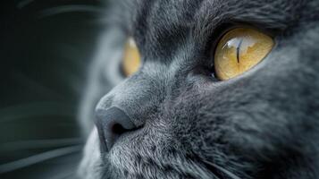 ai généré proche en haut de une gris chats œil avec Jaune yeux photo