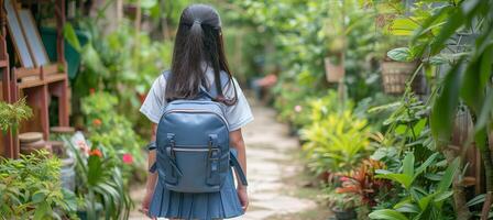 ai généré souriant élémentaire étudiant fille en marchant à école bâtiment avec copie espace pour texte placement photo