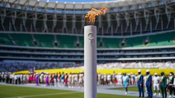 ai généré brûlant olympique torche s'enflamme contre flou des sports arène parfait pour texte placement photo