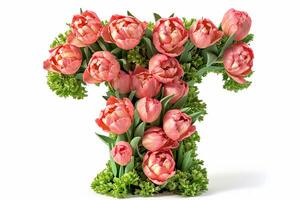 ai généré 3d moderne style lettre t fabriqué de vibrant tulipe fleurs isolé sur blanc Contexte photo