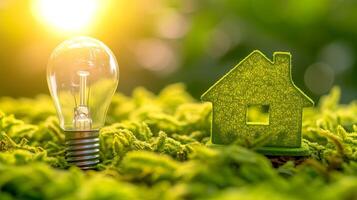 ai généré éco amical petit maison modèle avec lumière ampoule réel biens idée, vert électricité, et éco conception photo