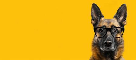 ai généré intelligent chien avec élégant noir des lunettes sur vibrant Jaune Contexte espace pour texte photo