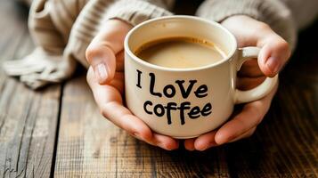 ai généré mains en portant une café tasse avec je l'amour café sur une blanc agresser pour une de bonne humeur Matin concept image photo