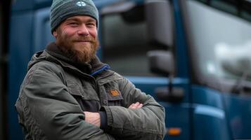 ai généré sur de soi barbu un camion chauffeur permanent dans de face de le sien camion, bras franchi, souriant à caméra photo