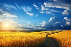 ai généré Stupéfiant lever du soleil plus de serein campagne avec vaste vibrant blé des champs et duveteux blanc des nuages. photo