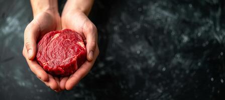 ai généré fraîchement couper, juteux brut du boeuf steak tenue par qualifié Boucher mains, parfait pour nourriture La publicité photo