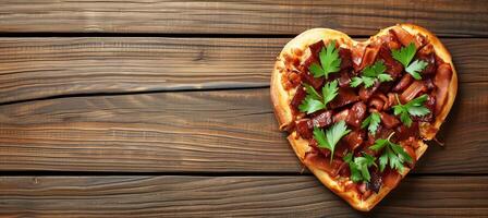 ai généré cœur en forme de Pizza pour romantique dîner Haut vue avec copie espace pour texte placement photo