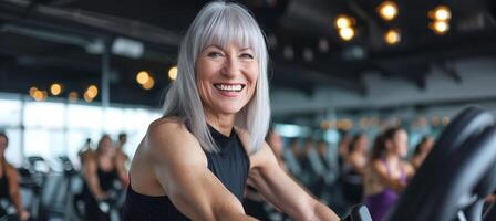 ai généré actif Sénior femme avec gris cheveux exercice sur une Stationnaire bicyclette avec groupe de gens dans Gym photo