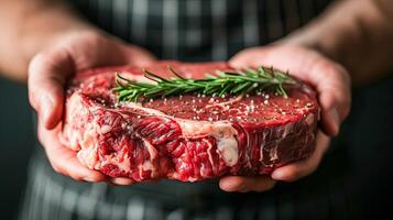 ai généré astucieux Boucher habilement mettant en valeur artisanat avec précision, manipulation succulent marbré brut du boeuf steak photo