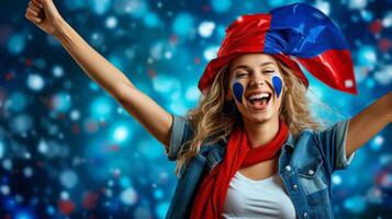 ai généré excité français femme ventilateur avec drapeau visage peindre applaudissement à Football stade, copie espace photo