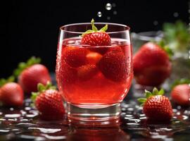 ai généré verre de fraise infusé eau, avec mûr des fraises submergé et une foncé Contexte photo