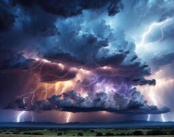 ai généré orage avec plusieurs foudre grèves éclairant le foncé des nuages contre une rural paysage photo