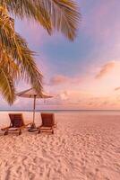 tranquille mer le sable le coucher du soleil ciel relaxant plage. l'amour couple romantique liberté Voyage tourisme paysage. idyllique exotique chaises parapluie, paume arbre feuilles, tropiques en bord de mer station balnéaire. été vacances île photo