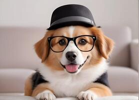 ai généré marrant chien avec chapeau et des lunettes photo