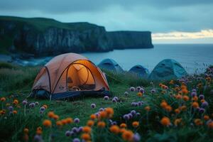 ai généré camping liberté dans le la nature et ayant amusement avec printemps sauvage fleurs vue photo